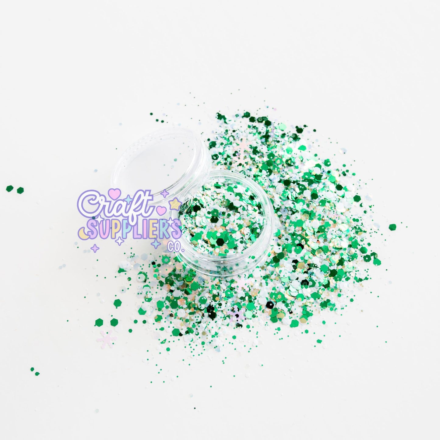 Green Snowflake Chunky Glitter Mix | White Gold Holiday Glitter for Tumblers, Nails & DIY