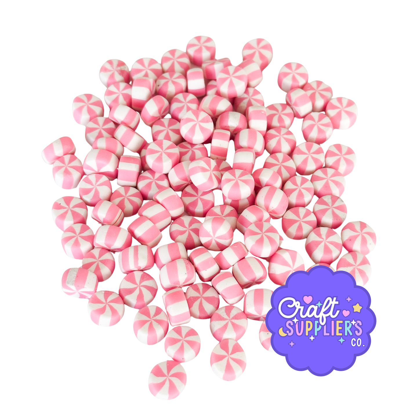 Pink & White Peppermint Polymer Clay Candy Cabochons – 30 Pieces