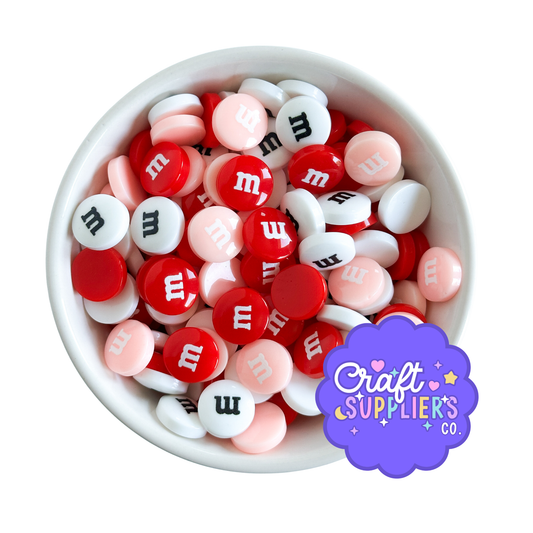 14MM Valentine Resin M&M Flatback Cabochons – Pink Red White