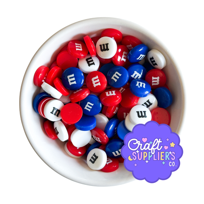 14MM Patriotic Resin M&M Flatback Cabochons – Red White Blue