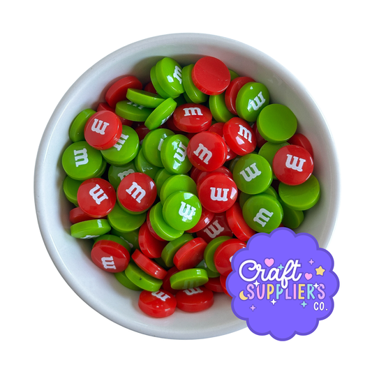 Christmas Resin M&M Cabochons, Red Green Flatbacks
