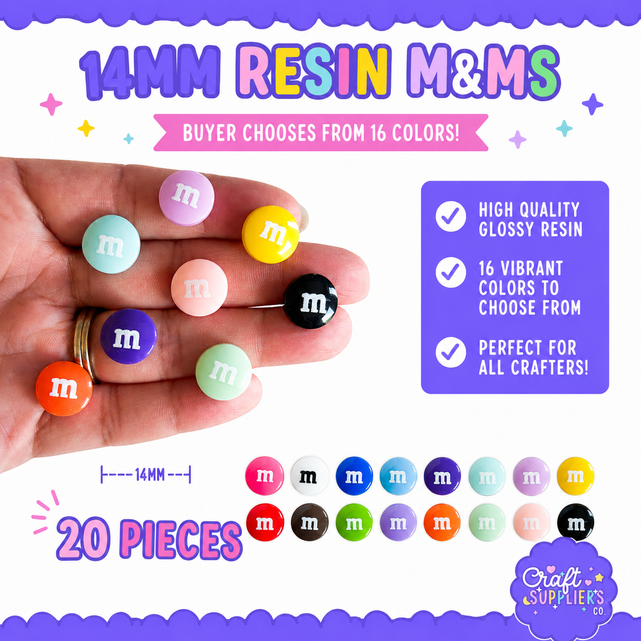 14MM Resin M&M Flatback Cabochons – 16 Colors