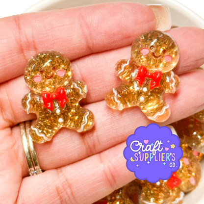 4PCS Glitter Gingerbread Man Resin Flatback Cabochons | Christmas Cookie Charms