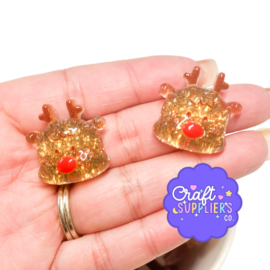 Glitter Reindeer Cabochons, Rudolph Resin Flatback Christmas Craft Embellishments