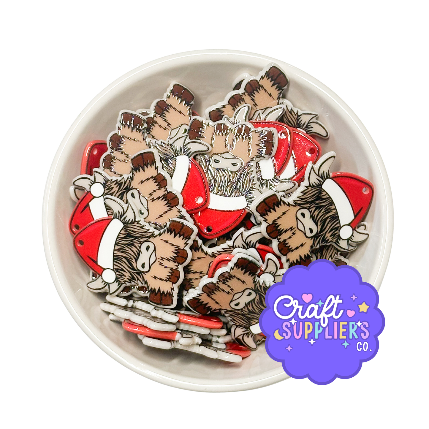 Highland Cow Santa Cabochons, Christmas Cow Resin Double-Sided Holiday Craft Embellishments