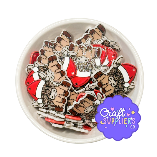 Highland Cow Santa Cabochons, Christmas Cow Resin Double-Sided Holiday Craft Embellishments