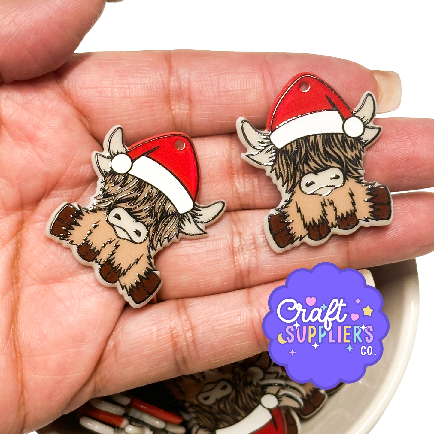Highland Cow Santa Cabochons, Christmas Cow Resin Double-Sided Holiday Craft Embellishments