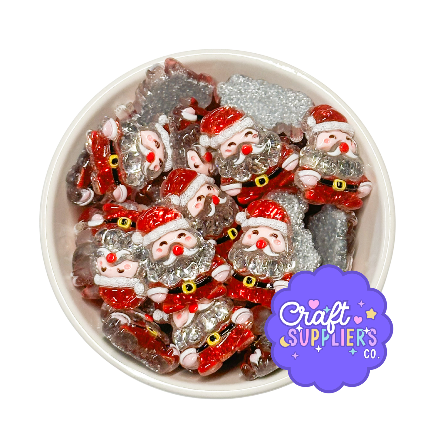 Set of 4 Glitter Santa Resin Flatback Cabochons – 30mm (1.18") Christmas Santa Charms for Fake Bake, Slime, Bows & Holiday Crafts