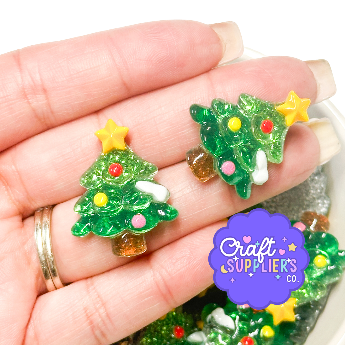 30mm Glitter Christmas Tree Resin Cabochons | Set of 4 Flatback Charms