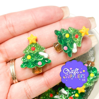 30mm Glitter Christmas Tree Resin Cabochons | Set of 4 Flatback Charms