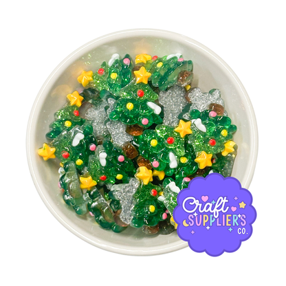 30mm Glitter Christmas Tree Resin Cabochons | Set of 4 Flatback Charms