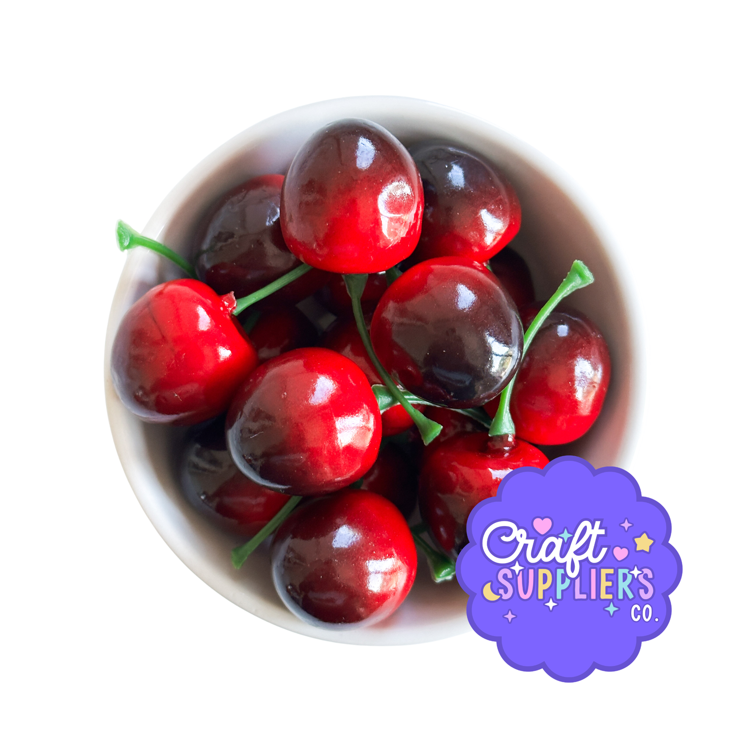 Set of 20 Fake Cherries with Stems | Artificial Cherry Embellishments | Resin Fruit Charms | Fake Bake Supplies | Cherry Decor | DIY Crafts
