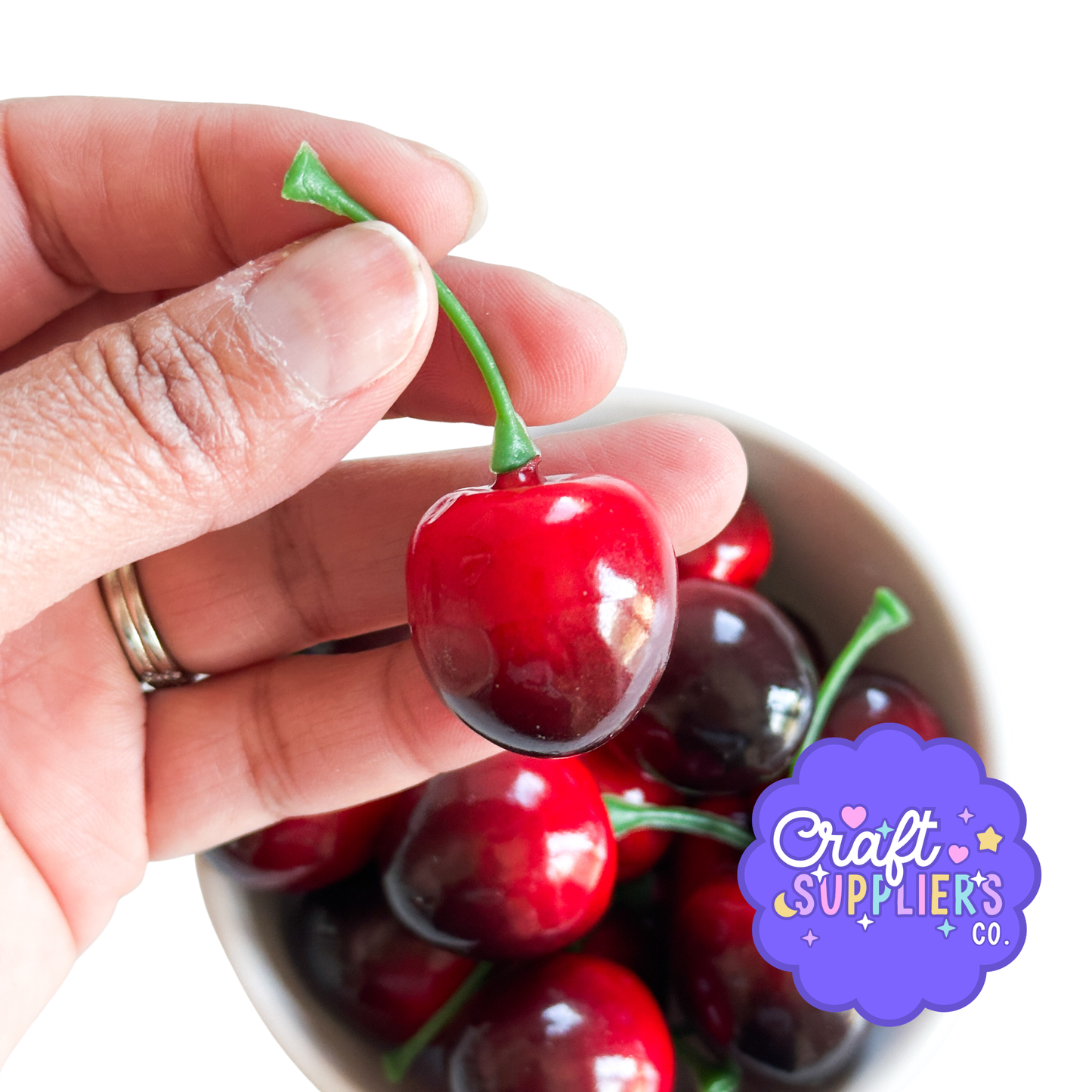 Set of 20 Fake Cherries with Stems | Artificial Cherry Embellishments | Resin Fruit Charms | Fake Bake Supplies | Cherry Decor | DIY Crafts