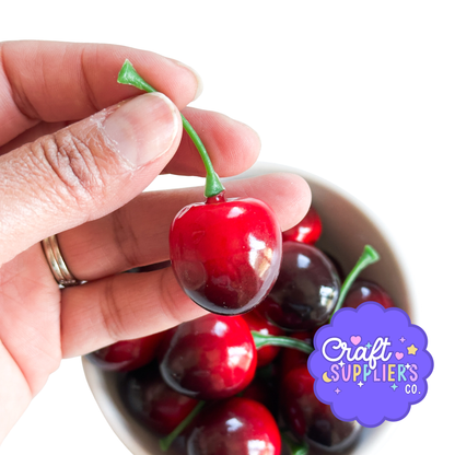 Set of 20 Fake Cherries with Stems | Artificial Cherry Embellishments | Resin Fruit Charms | Fake Bake Supplies | Cherry Decor | DIY Crafts