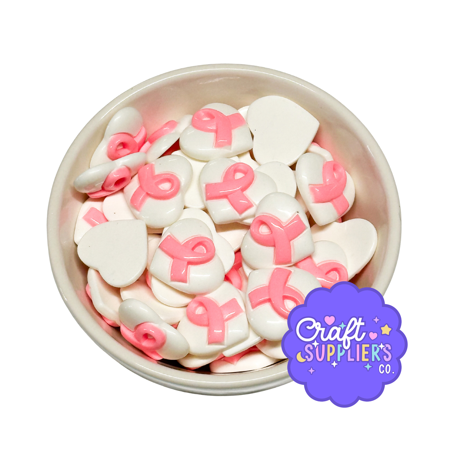 Pink Ribbon Heart Cabochons, Breast Cancer Flatbacks, Awareness Craft Resin Charms Set