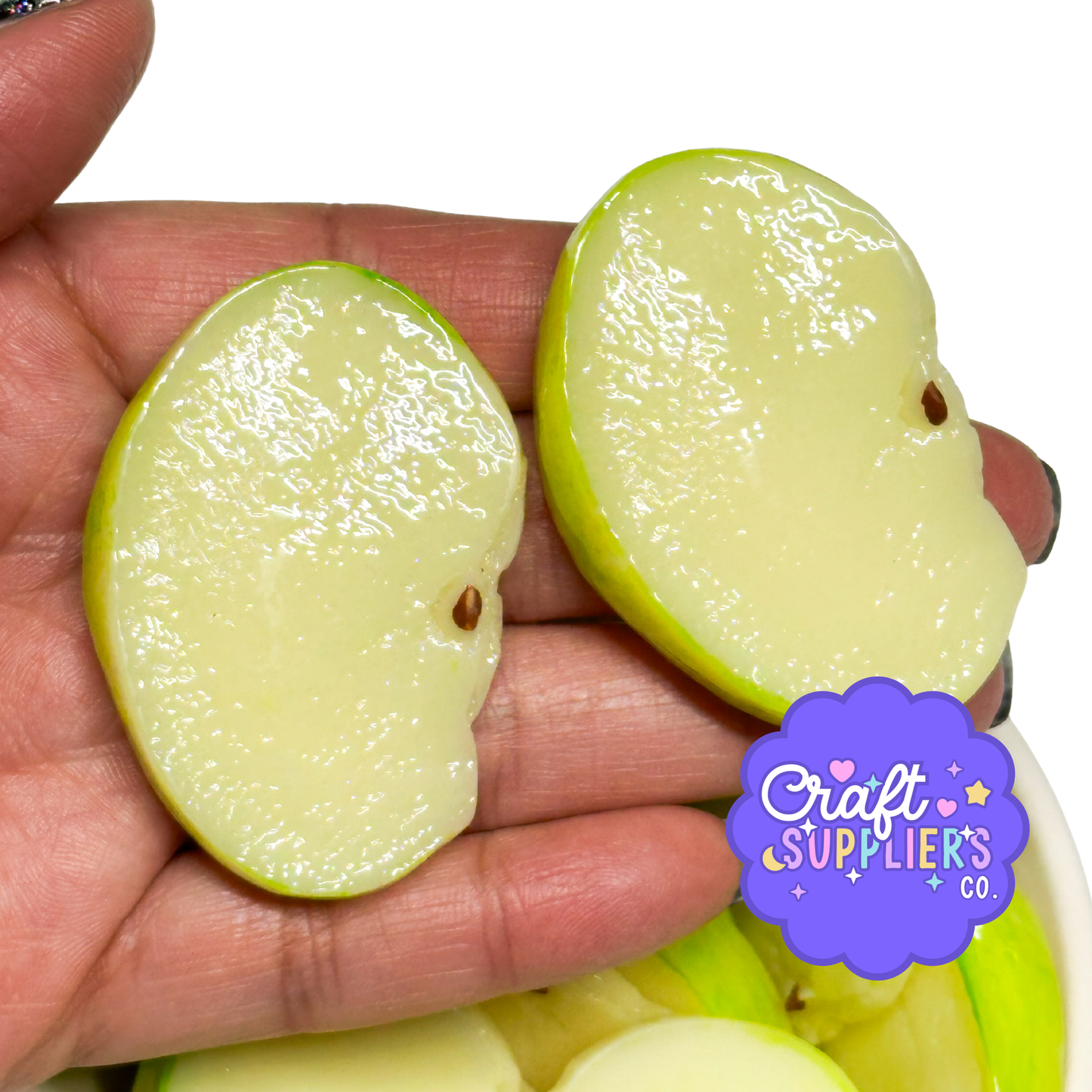 Faux Green Apple Slices Resin Cabochons, Fake Bake Fruit Decor (10pc)
