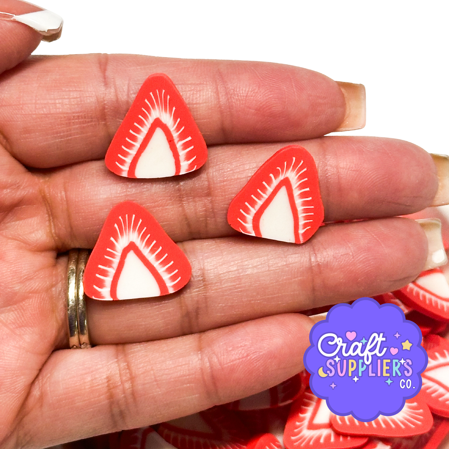 Strawberry Polymer Clay Cabochons, Strawberry Slice Embellishments, Fruit Craft Supplies, Fake Bake Decor