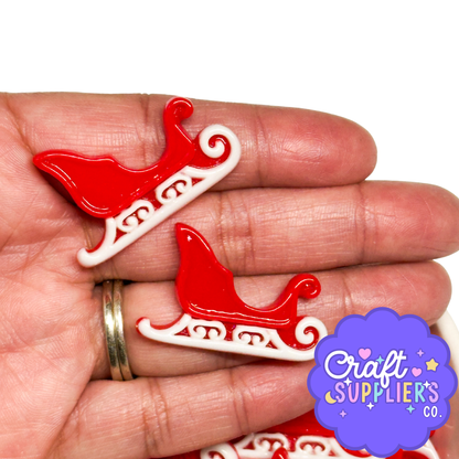 Set of 4 Resin Mini Sleigh Charms, Red White Christmas Cabochons, Craft Supplies