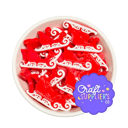 Set of 4 Resin Mini Sleigh Charms, Red White Christmas Cabochons, Craft Supplies