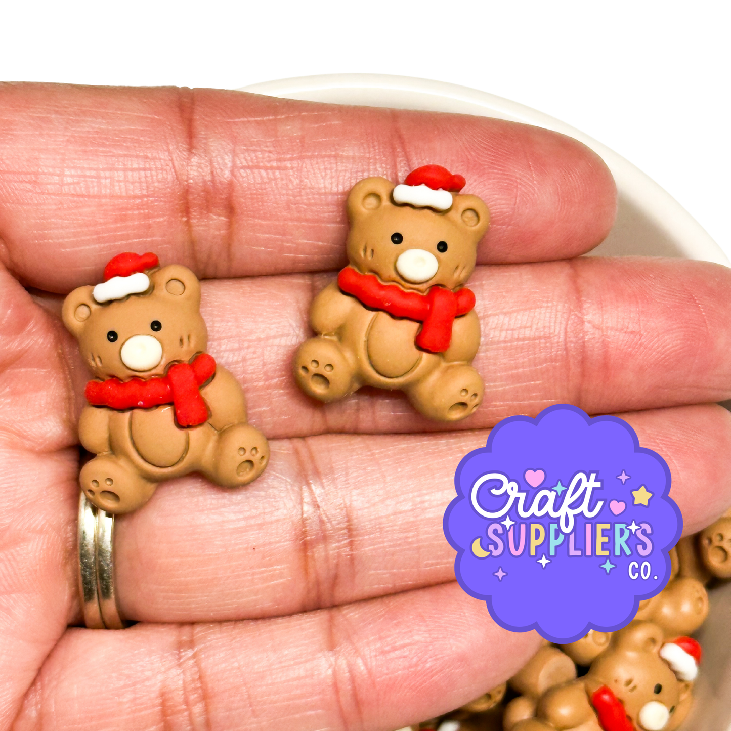 Christmas Bear Cabochons, Teddy Bear Resin Flatbacks, Holiday Fake Bake Craft Charms Set