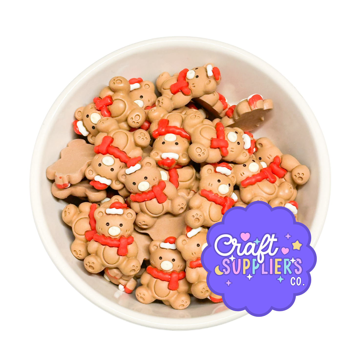 Christmas Bear Cabochons, Teddy Bear Resin Flatbacks, Holiday Fake Bake Craft Charms Set