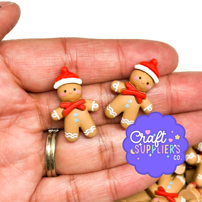 Gingerbread Man Resin Flatback Cabochons – Set of 4 – Christmas Embellishments – Fake Bake Supplies – Decoden Charms – Holiday Craft Supplies