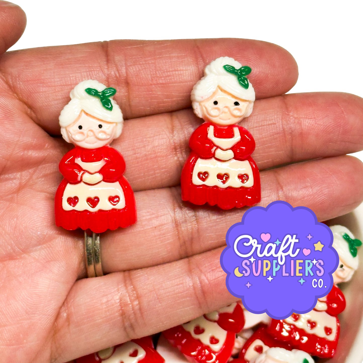 Mrs. Claus Resin Flatback Cabochons – Set of 4 – Christmas Embellishments – Holiday Craft Supplies – Decoden Charms