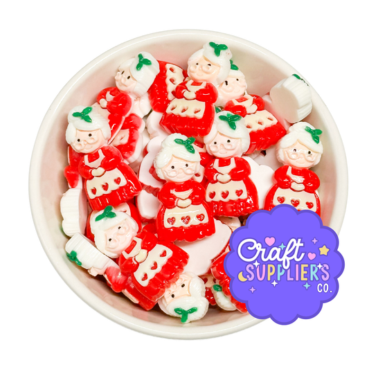 Mrs. Claus Resin Flatback Cabochons – Set of 4 – Christmas Embellishments – Holiday Craft Supplies – Decoden Charms