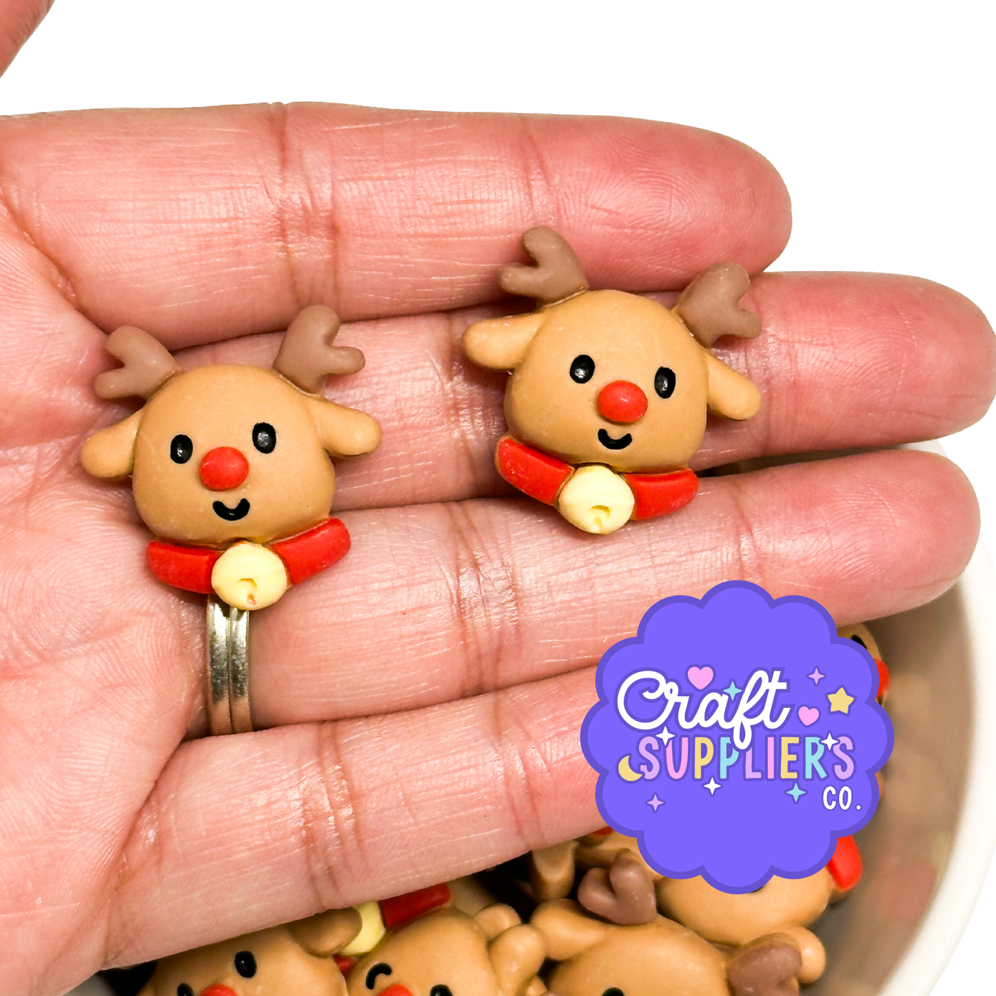 Christmas Reindeer Resin Cabochons, Rudolph Flatback Holiday Craft Embellishments (Set of 4)