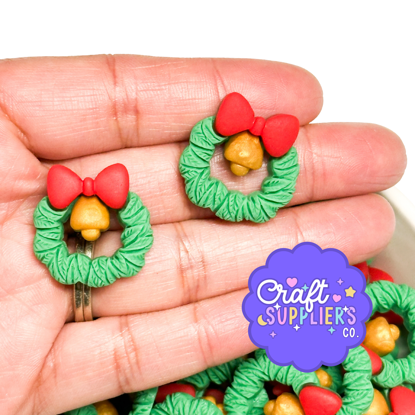 Christmas Wreath Cabochons, Bow Wreath Resin Flatbacks, Holiday Fake Bake Craft Charms Set