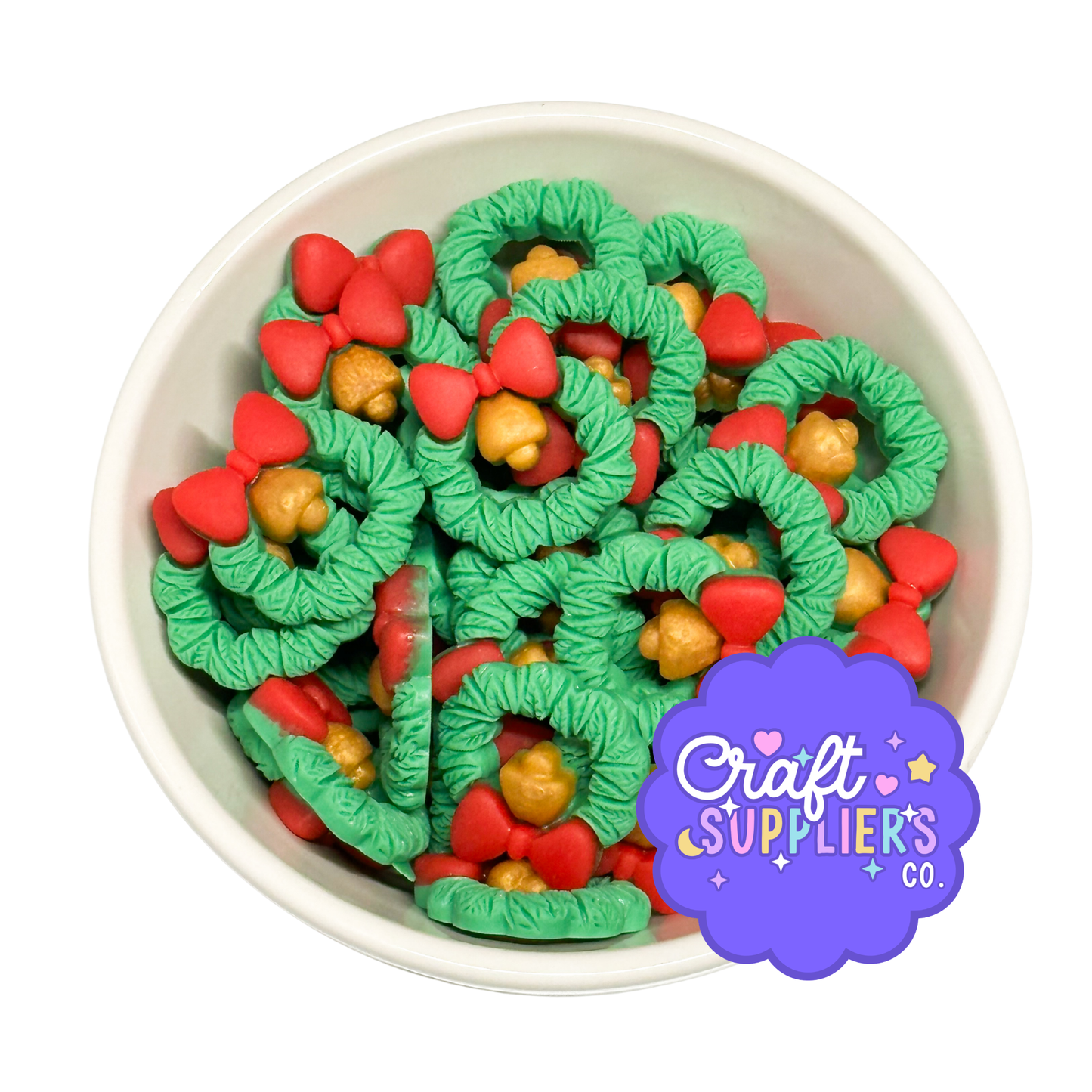 Christmas Wreath Cabochons, Bow Wreath Resin Flatbacks, Holiday Fake Bake Craft Charms Set