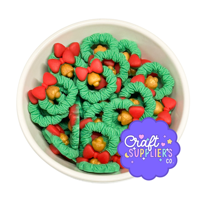 Christmas Wreath Cabochons, Bow Wreath Resin Flatbacks, Holiday Fake Bake Craft Charms Set