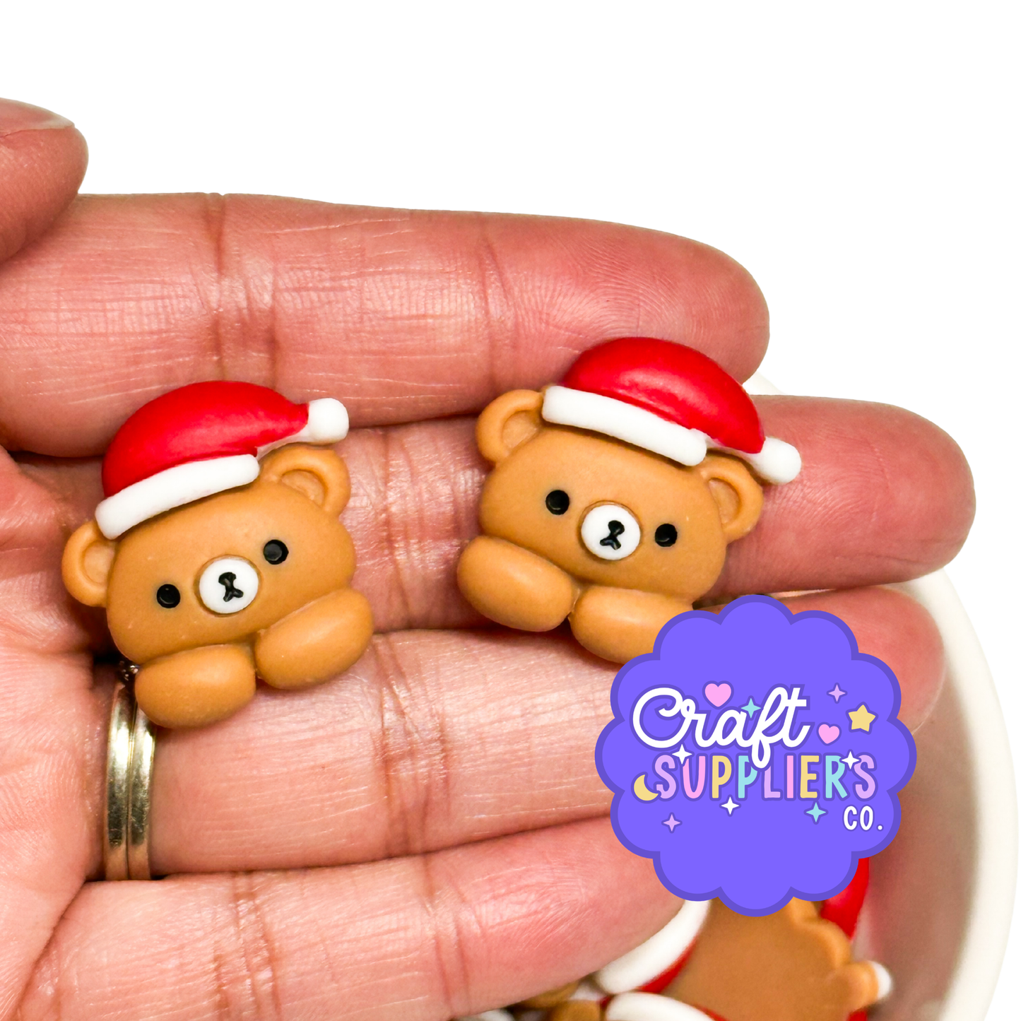 Christmas Bear with Santa Hat Flatback Cabochons – Set of 4 Resin Embellishments