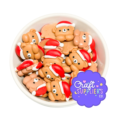 Christmas Bear with Santa Hat Flatback Cabochons – Set of 4 Resin Embellishments