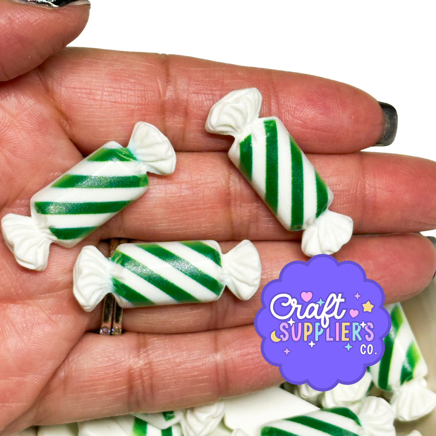 Peppermint Candy Charms, Green White Resin Flatbacks, Fake Bake Slime Craft Embellishments Set