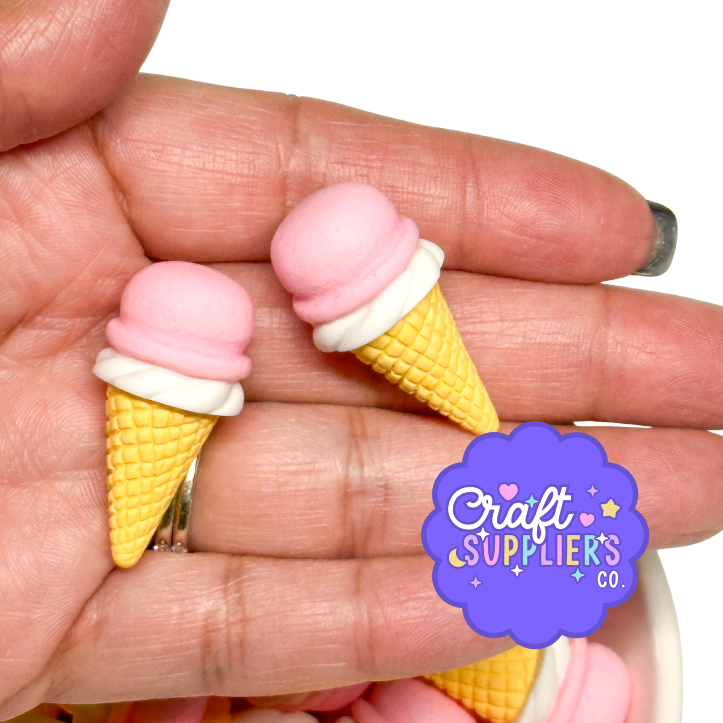 Pink Ice Cream Cone Resin Charms – Set of 4 | Fake Ice Cream Embellishments for Decoden, Fake Bake & DIY Crafts
