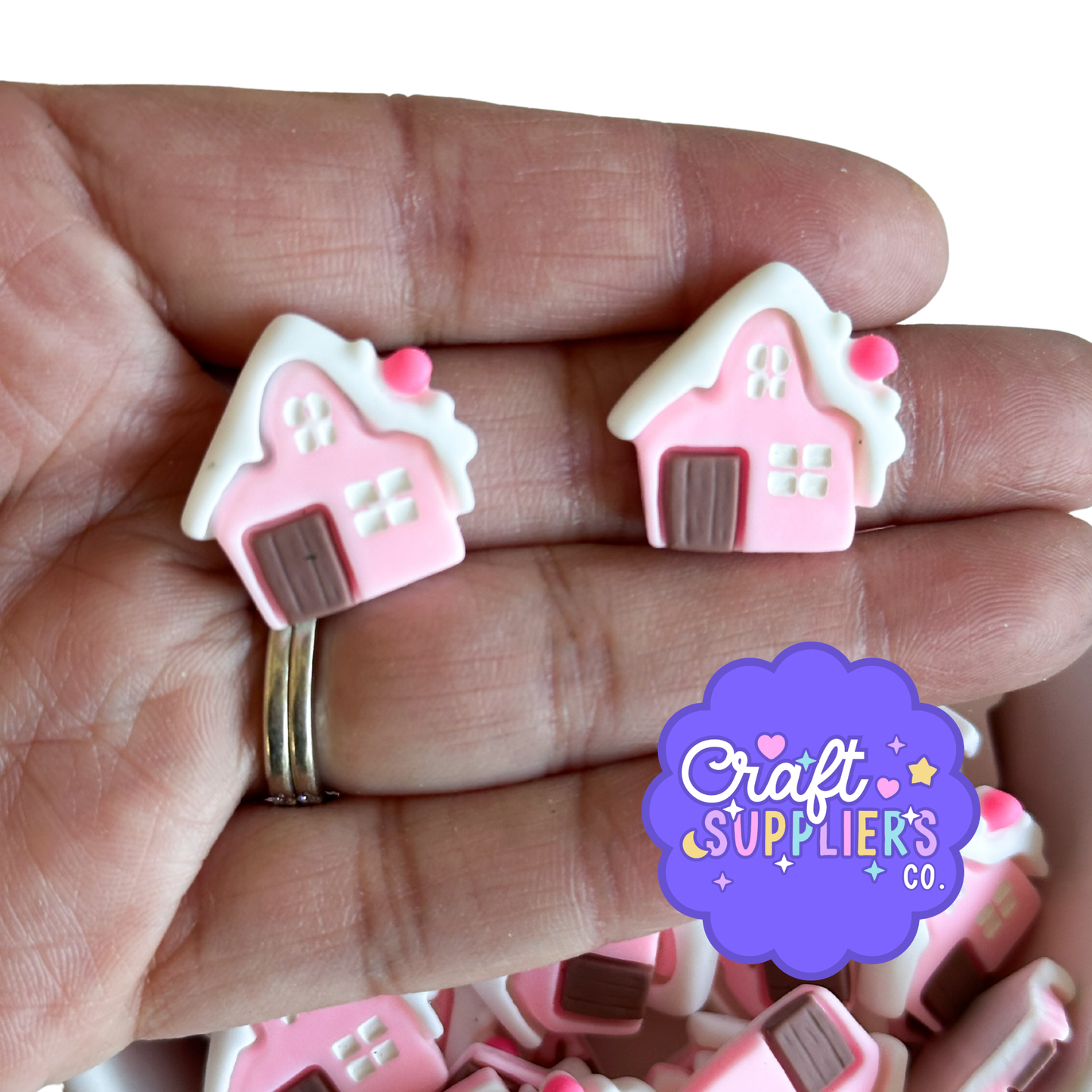 Pink Gingerbread House Resin Flat Back Cabochons – 0.75" Christmas Candy House Embellishments (Set of 4)