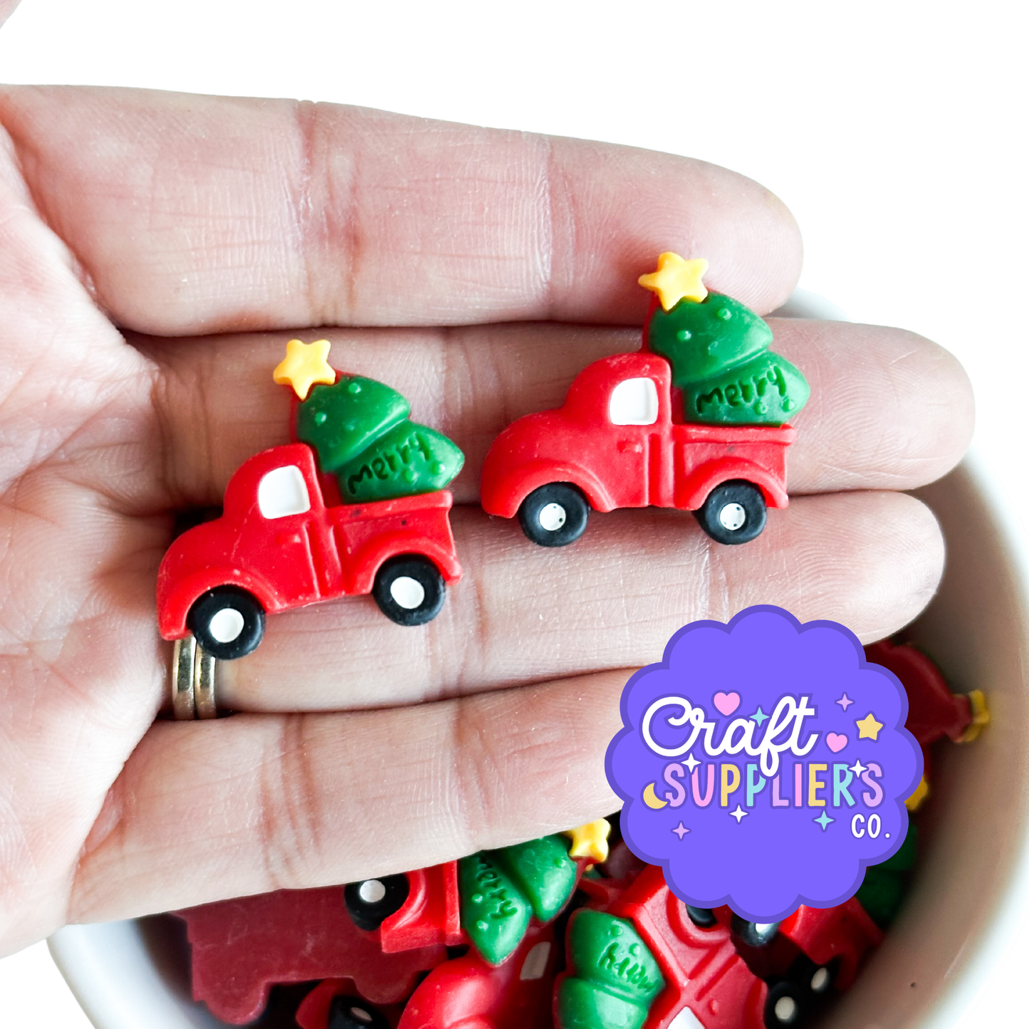 Christmas Truck Cabochons, Tree Truck Resin Flatbacks, Holiday Fake Bake Craft Charms Set