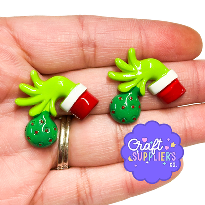 Grinch Hand Holding Ornament Resin Flat Back Cabochons – 26mm Christmas Character Embellishments (Set of 4)