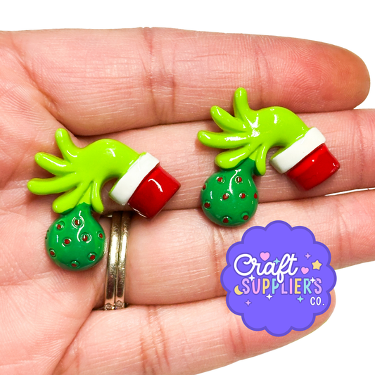 Grinch Hand Holding Ornament Resin Flat Back Cabochons – 26mm Christmas Character Embellishments (Set of 4)