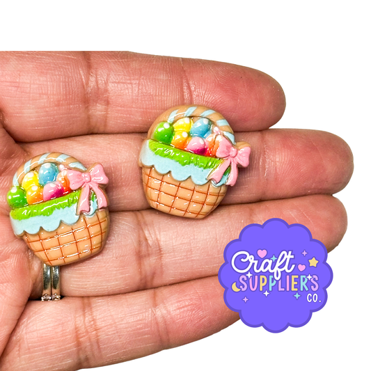 Easter Basket Resin Flat Back Cabochons – Set of 4, 25mm (1"), Pastel Egg Basket Embellishments for Decoden, Fake Bake & DIY Crafts