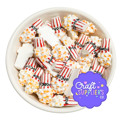 Popcorn Bucket Resin Flat Back Cabochons – Set of 5, 0.94" Movie Popcorn Embellishments for Decoden, Fake Bake, DIY Crafts & Scrapbooking