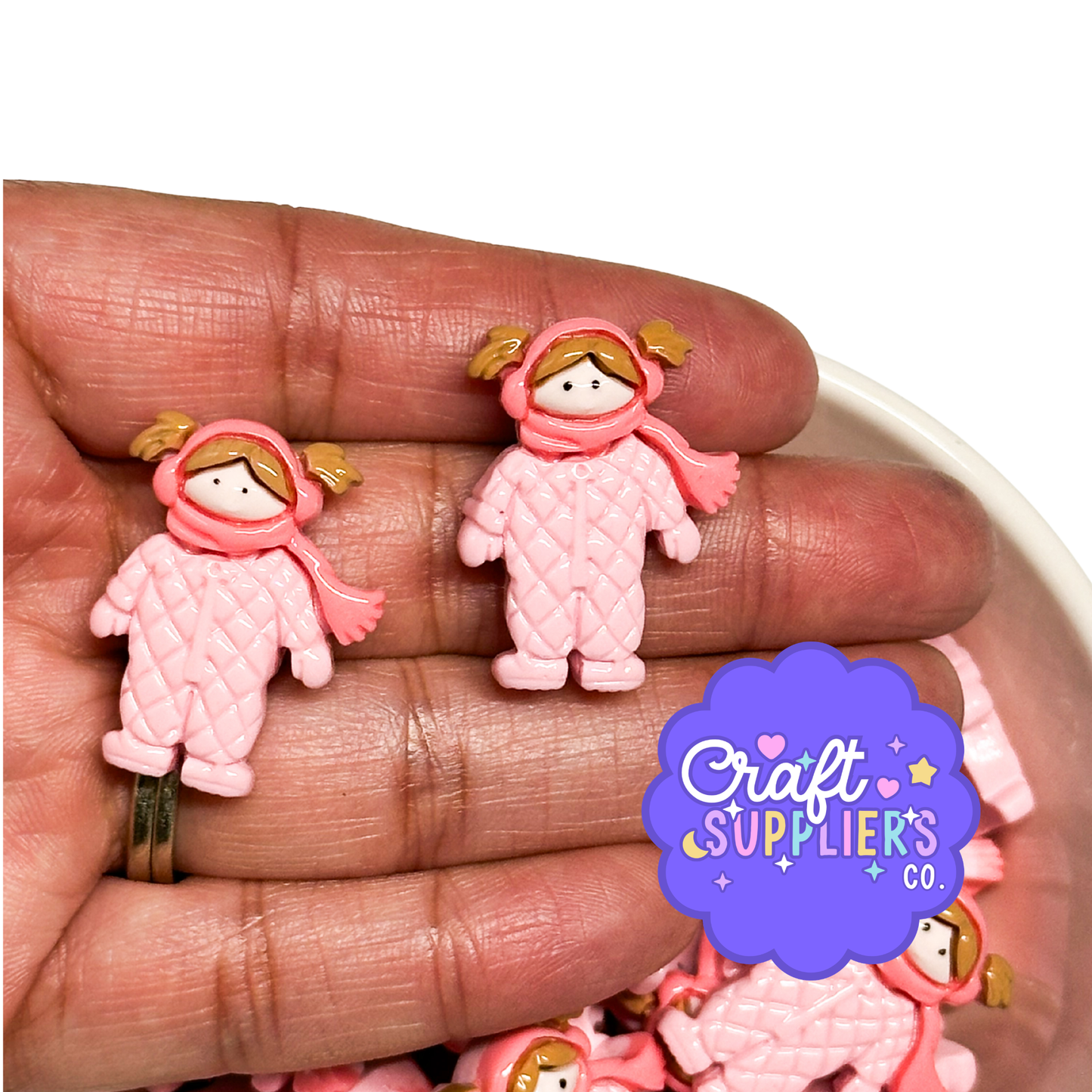 Winter Girl Resin Cabochons, Pink Snowsuit Flatbacks, Cold Weather Craft Charms Set
