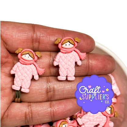 Winter Girl Resin Cabochons, Pink Snowsuit Flatbacks, Cold Weather Craft Charms Set