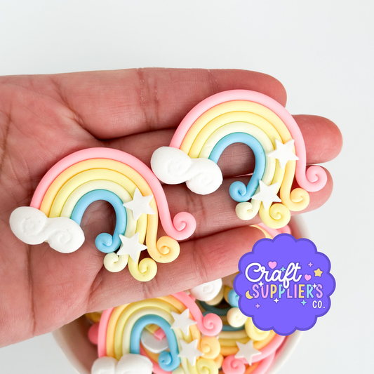 Set of 10 Bendable Rainbow Cabochons with Clouds, Polymer Clay Craft Charms