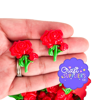 Set of 4 Red Rose Bouquet Flatback Cabochons, Valentine Craft Charms