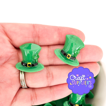 Green Leprechaun Hat Resin Cabochons, St Patrick’s Flatback Embellishments (4pc)