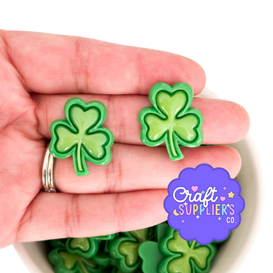 Green Shamrock Resin Cabochons, St Patrick’s Flatback Clover Embellishments (4pc)
