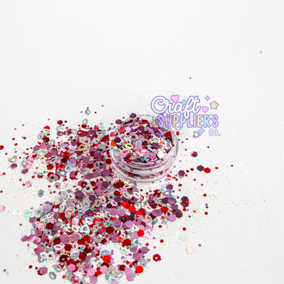 Hugs & Kisses Chunky Glitter Mix – Pink Red Heart & Lip Confetti