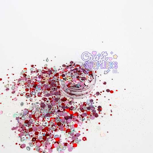 Hugs & Kisses Chunky Glitter Mix – Pink Red Heart & Lip Confetti